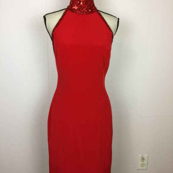 Niteline Della Roufagali Sheath Dress Size 10 Womans Red Halter Beaded Open Back - Picture 11 of 15